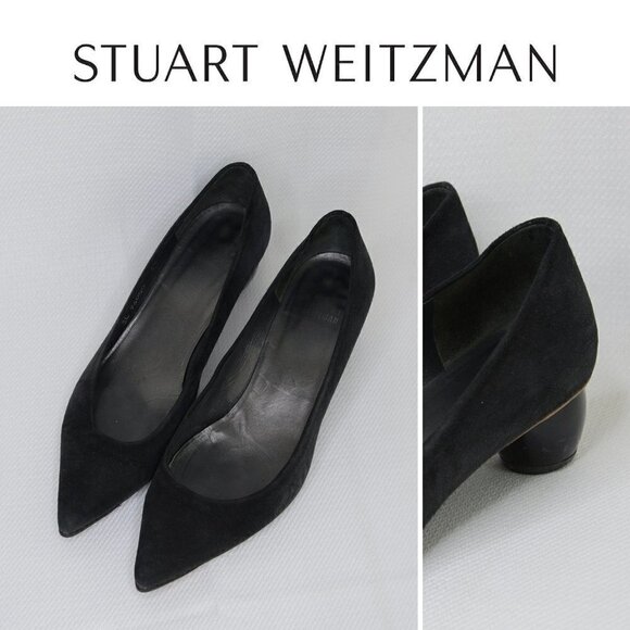 Stuart Weitzman Black Suede Pointed Toe Sculptural Heels Sz 6.5 - Picture 1 of 10